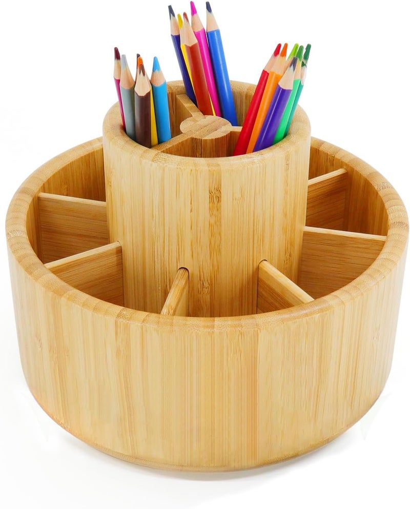 Utoplike Bamboo Pencil Holder, 360 Degree Rotating Pen Organiser, Wooden Pen Pot and Storage for Art Supplies, Stationery and Makeup in School, Office Desk, Home, with 11 Compartments - Image 1