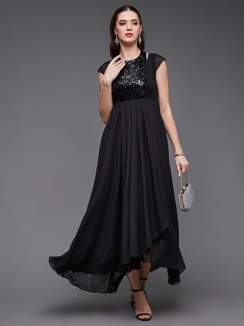 Miss Chase Women's Halter Neck Cap Sleeve Solid Pleated Embellished Georgette Maxi Dress with Pockets (MCAW21D06-12-62-03, Black, S) - Image 2
