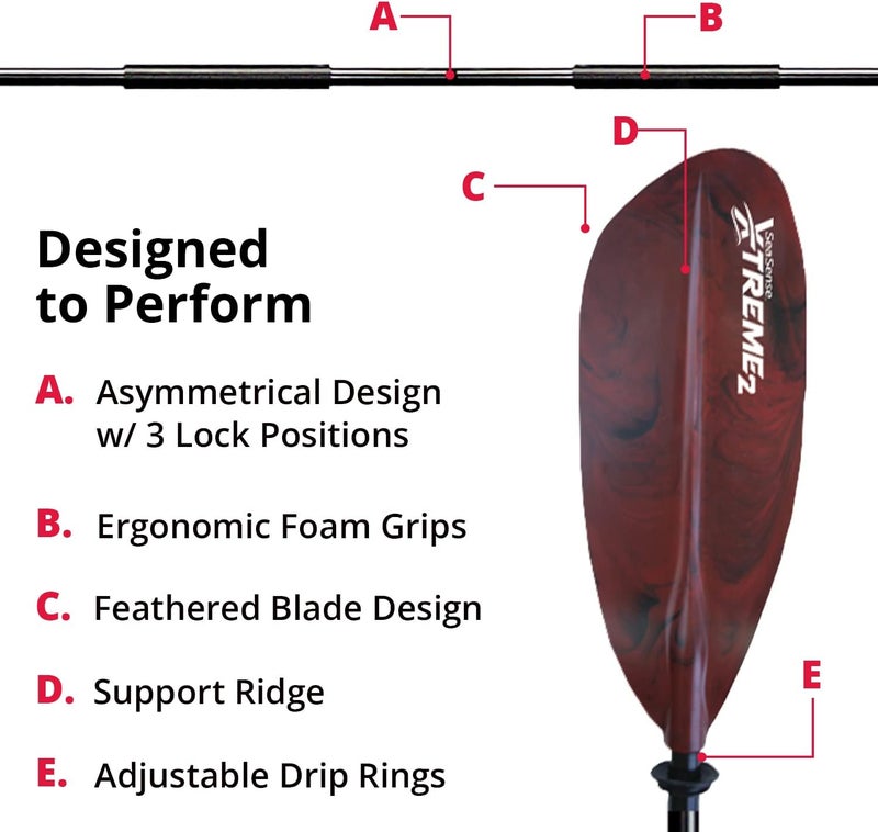 SeaSense مجذاف كاياك Xtreme 2، 96 بوصة - شفرات نايلون مدعمة بالألياف الزجاجية، تصميم من قطعتين - رائع للرياضة، البحر، المياه البيضاء، الترفيه وصيد الأسماك - Image 4