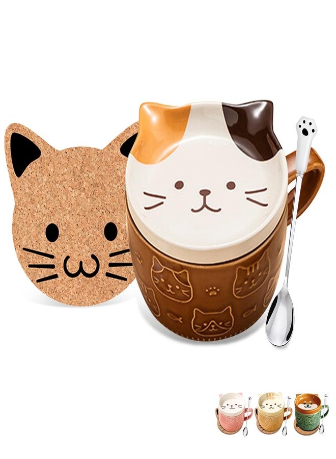 BigNoseDeer Gifts for Women Her Cute Kawaii Cat Coffee Mugs with Lids Christmas Birthday Presents for Girls Friend Kids Men Wife Mum Grandma Teacher Novelty Animal Coffee Ceramic Tea Cup Dessert Saucer Set - Image 1