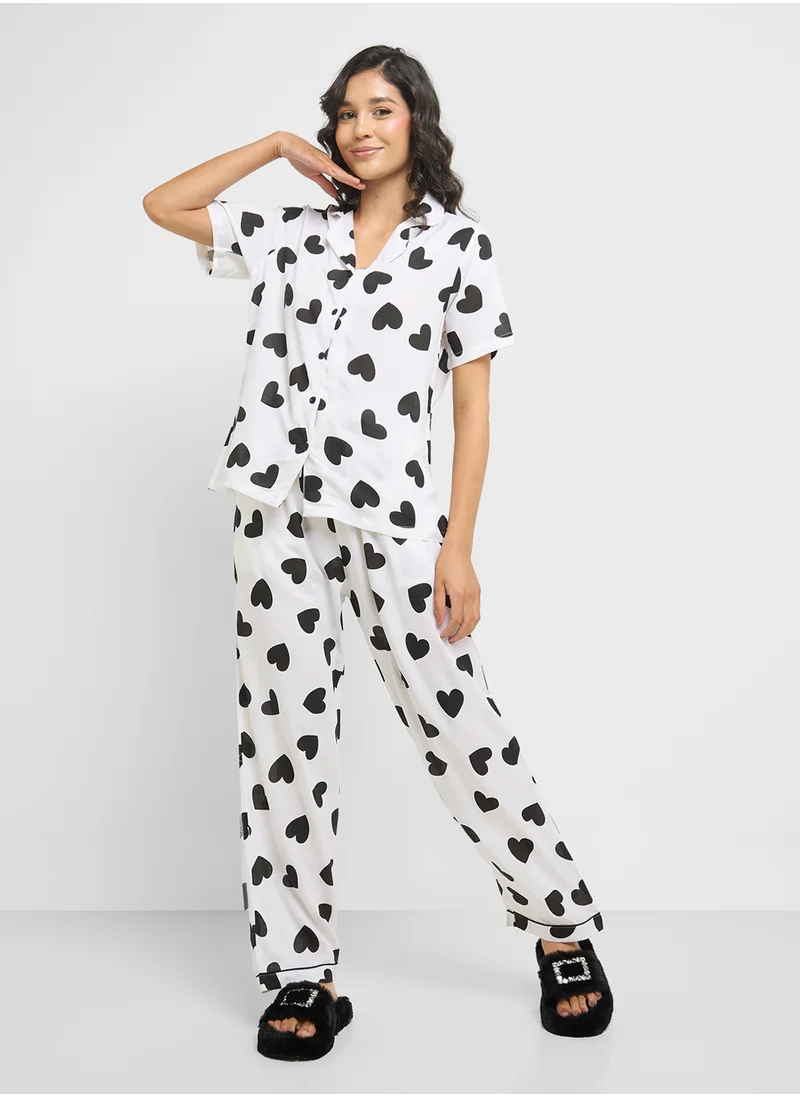 جينجر Heart Print Shirt & Pyjama  Set