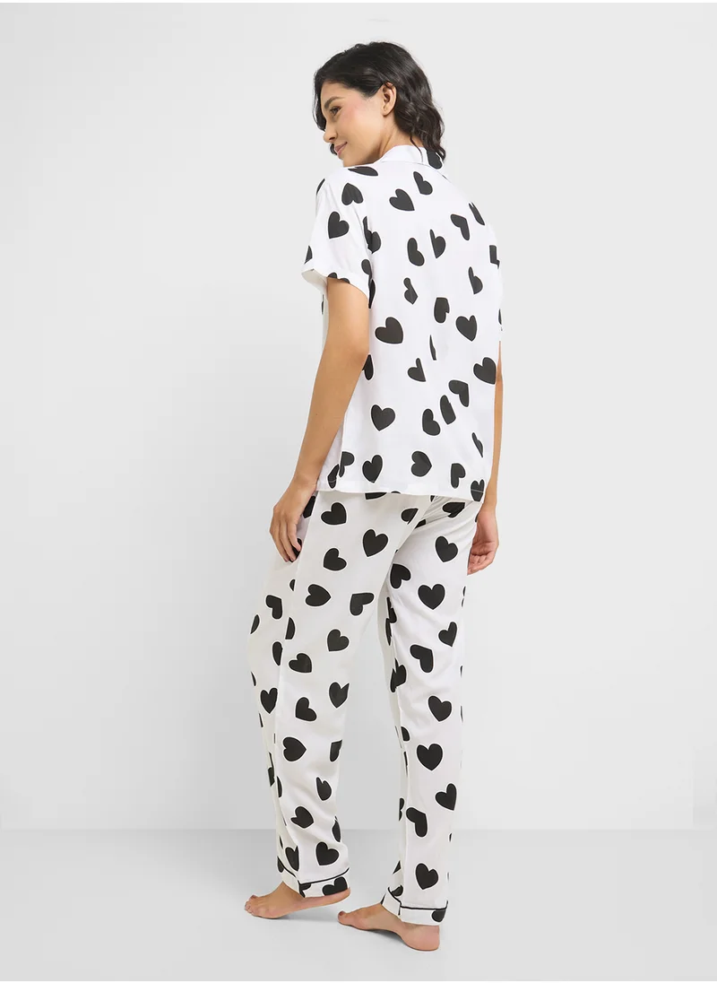 جينجر Heart Print Shirt & Pyjama  Set