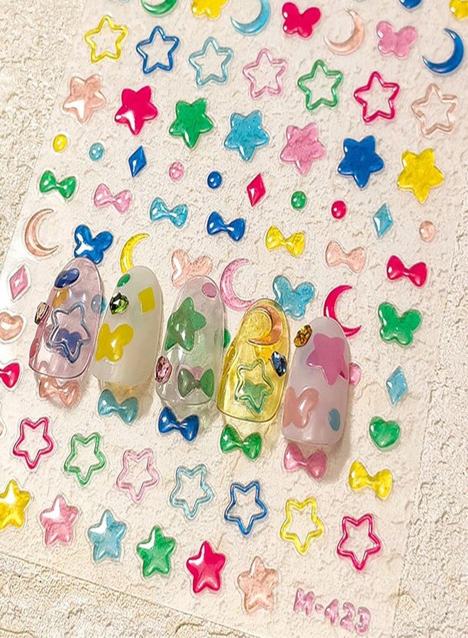 JALIYA 5D Colorful Jelly Nail Art Stickers 5D Embossed Heart Moon Star Nail Stickers for Nail Art Supplies Self-Adhesive Butterfly Bow Nail Decals Cute Star Stickers for Nails Design Women Nail Accessories - Image 1