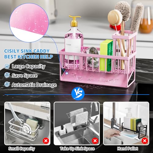Cisily Pink Kitchen Sink Caddy Organzier with High Brush Holder Sponge Holder for Sink 304 Rustproof Stainless Kitchen Countertop Soap Dispenser Organizer - Image 3