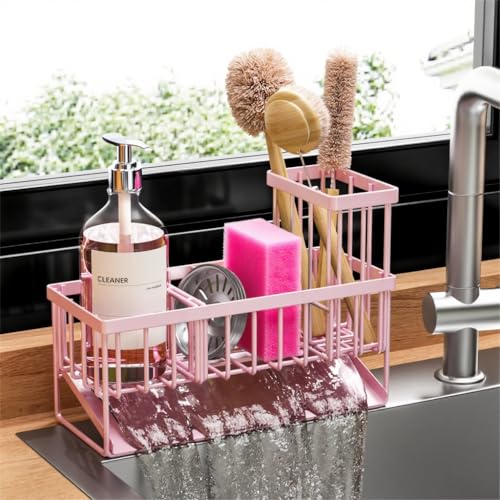 Cisily Pink Kitchen Sink Caddy Organzier with High Brush Holder Sponge Holder for Sink 304 Rustproof Stainless Kitchen Countertop Soap Dispenser Organizer - Image 1