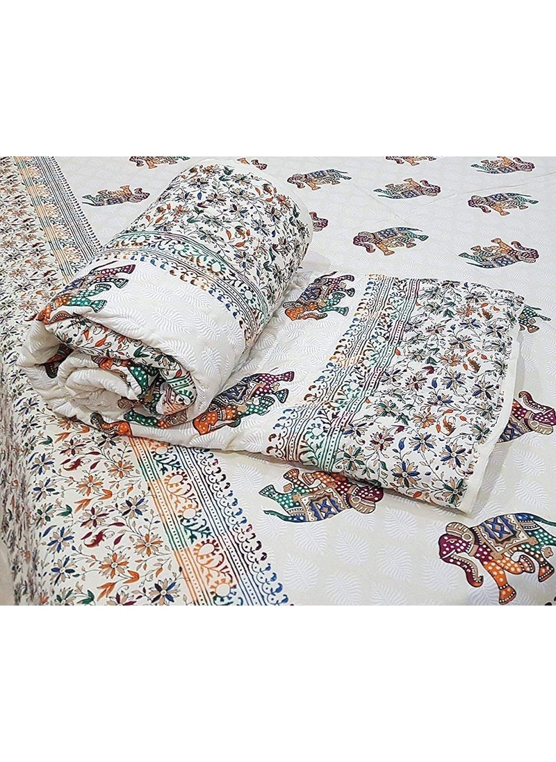 Hand Block Double Bed Bedding Set Set of 4 pcs 1 Bedsheet 2 Pillow Cover 1 Double Quilt Block Printing with Stylish Design Bedding Set for Wedding Gift and Home Decor