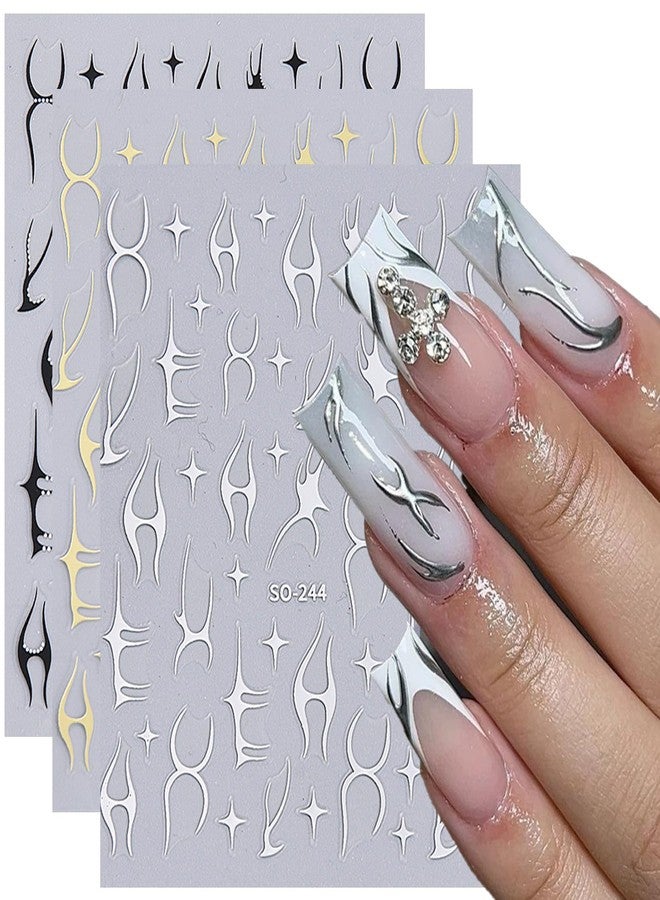 HYWWPFLAY 3 Sheets 3D Flame Nail Stickers, y2k Self - Adhesive 3D Fire Nail Art Stickers, Metal Flame Line Star Design Nail Decals for Women Girls DIY Manicure Decor Supplies - Image 1