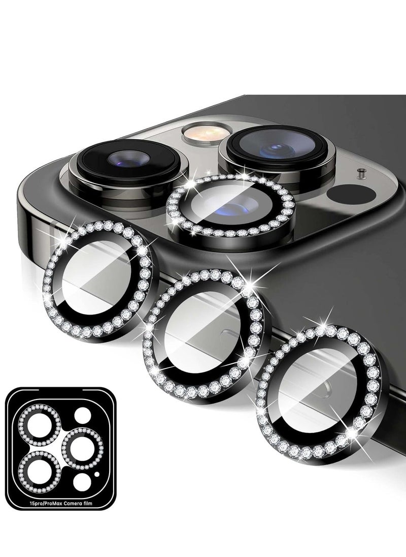 Raxoom "Black Diamond Camera Lens Protector for iPhone 16 Pro/Pro Max â€“ Bling Tempered Glass Cover with Automatic Alignment Metal Rings and Glitter Stickers" - Image 1