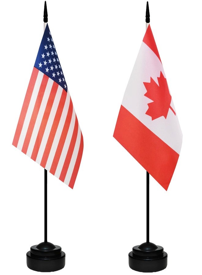 tibijoy USA American & Canada Canadian CA Desk Flags, US Canada Table Flag, Small Mini American & Canadian CA Twin Table Office Flag, Miniature Canadian CA and US Desktop Flag With 13" Solid Black Pole, Black - Image 1