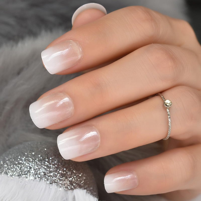 IKISKT Ombre French Press On Nails Short - IKISKT Fashion Acrylic False Nails, Glue On Nails with Glue Sticker,Fit Perfectly & Natural Stick On Nails - 24PCS Soft UV Gel Fake Nails Kit, Gradient White - Image 1