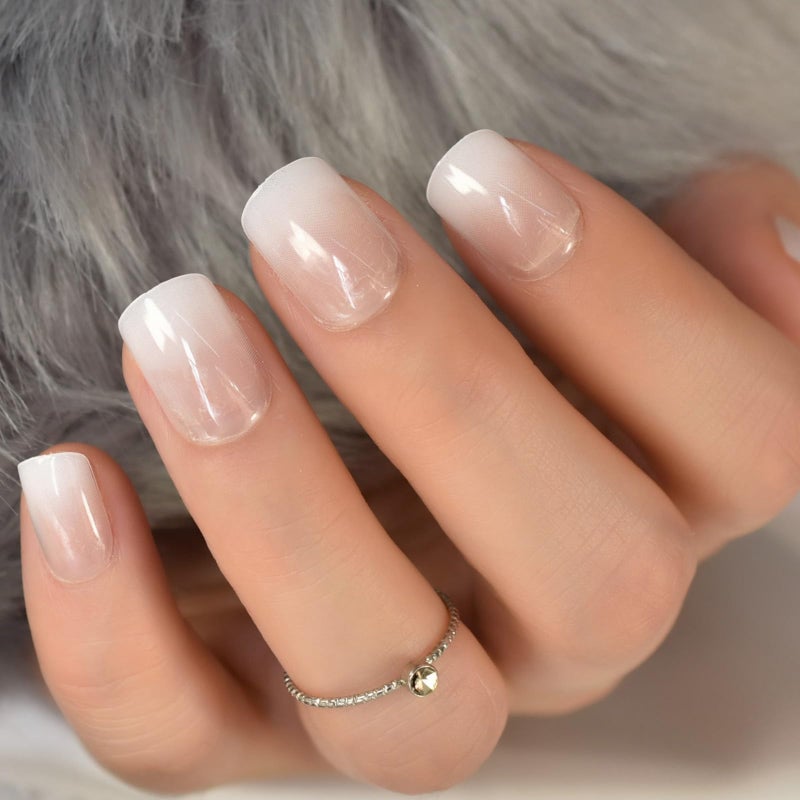 IKISKT Ombre French Press On Nails Short - IKISKT Fashion Acrylic False Nails, Glue On Nails with Glue Sticker,Fit Perfectly & Natural Stick On Nails - 24PCS Soft UV Gel Fake Nails Kit, Gradient White - Image 2
