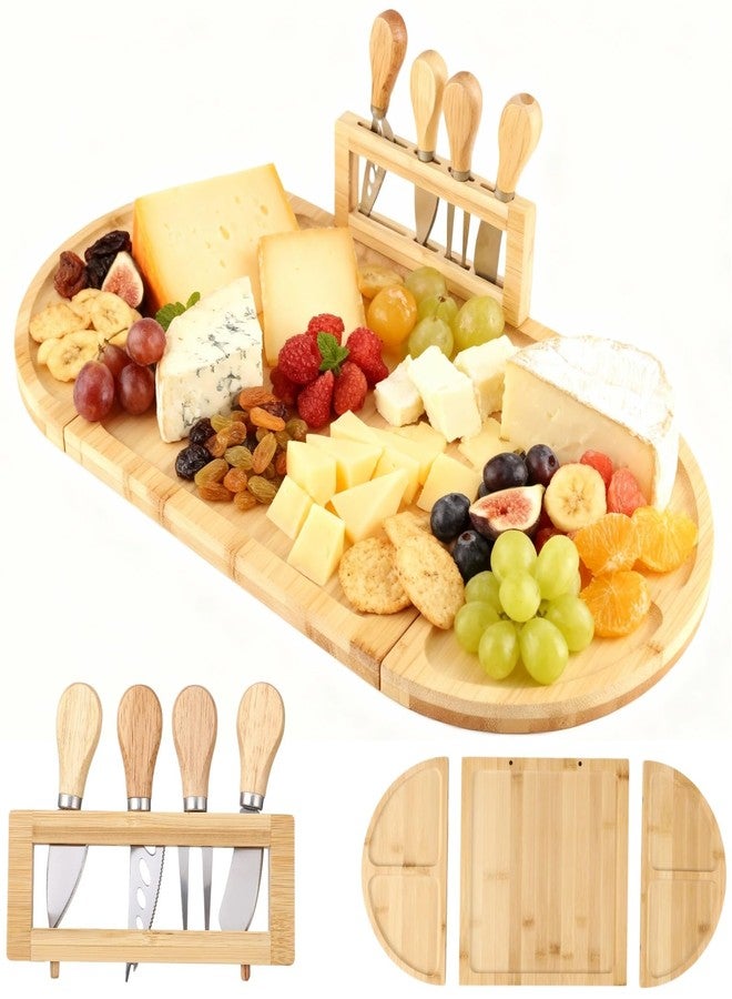 DORMIYA Wood Cheese Board Set, Charcuterie Platter Tray with 4 Pcs Knives, Detachable Serving Board with Strong Attachment, Wooden Appetizer Serving Tray for Parties, Gatherings, 22.8 x 11.5 in - Image 1