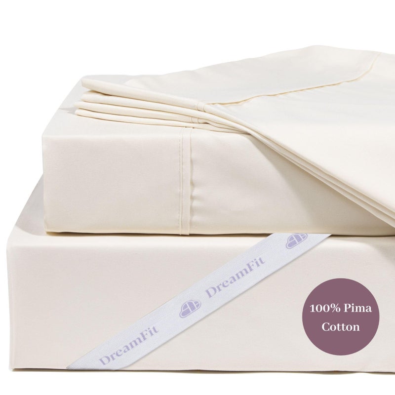 DreamFit DreamCool 100 Pima Cotton Sheets with Elastic Corner Straps 20 Inch Extra Deep Pocket Crafted in USA Bedding Guaranteed to Stay On Luxury Sheets King Sheets Set Ivory