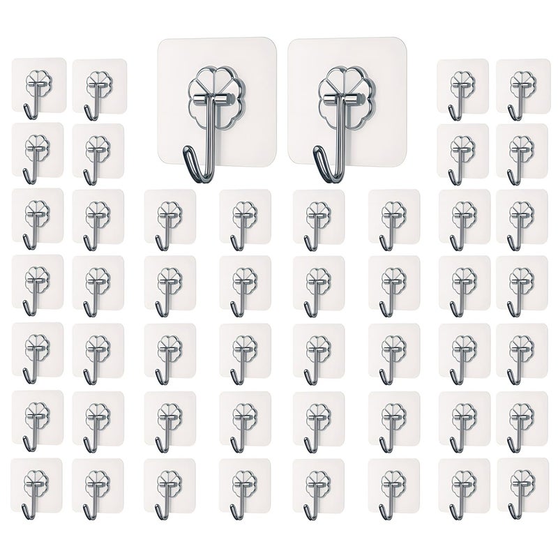 DALUCI Self Adhesive Wall Hooks - 50 Pcs Heavy Duty Wall Hooks for Hanging | Nail Free Sticky Hooks for Wall Heavy Items Without Drilling, Transparent Wall Hanger Hook (Flower Hook, 50) - Image 1