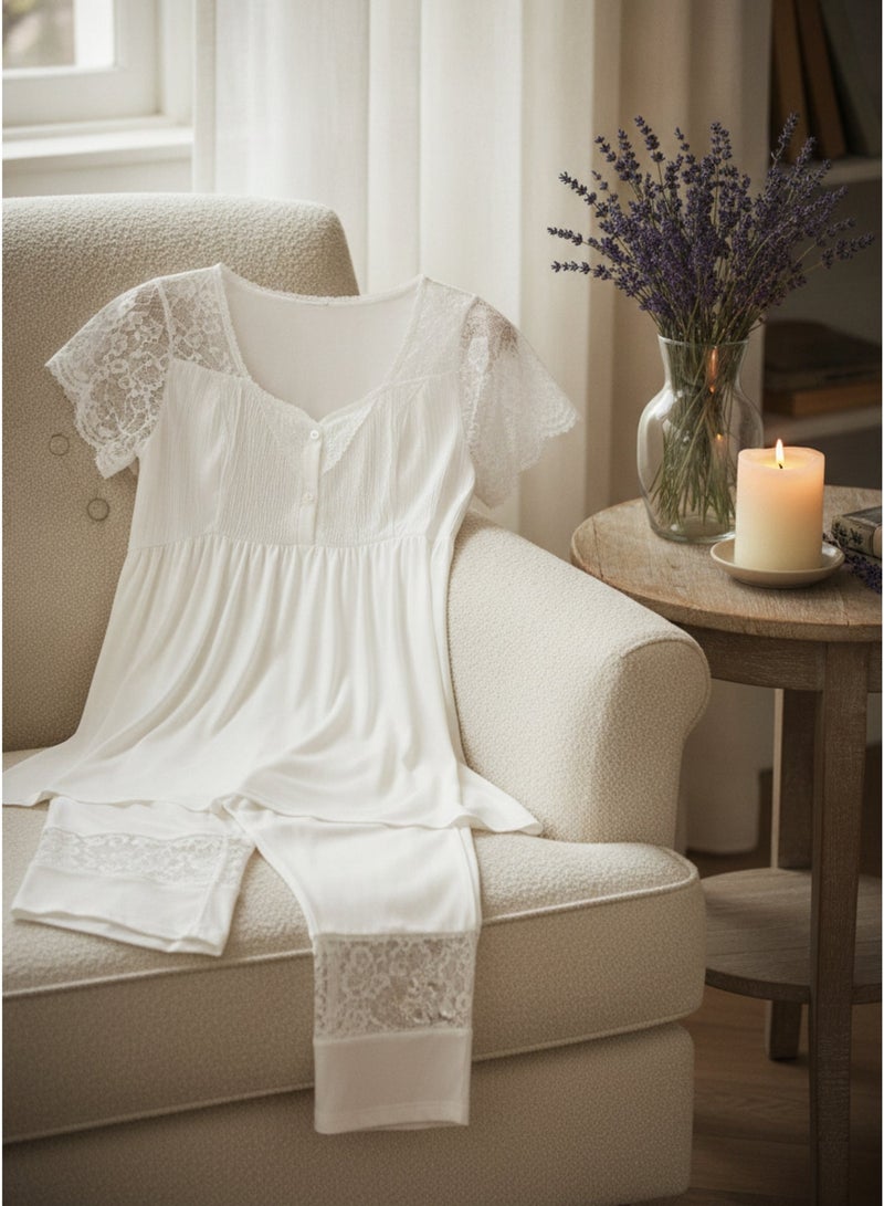 LADY Maternity & Nursing Pajama Set for Women - 2 Piece Turkish Cotton Viscose Sleepwear with Lace Details & Front Opening for Breastfeeding | Made in Turkey - Image 3
