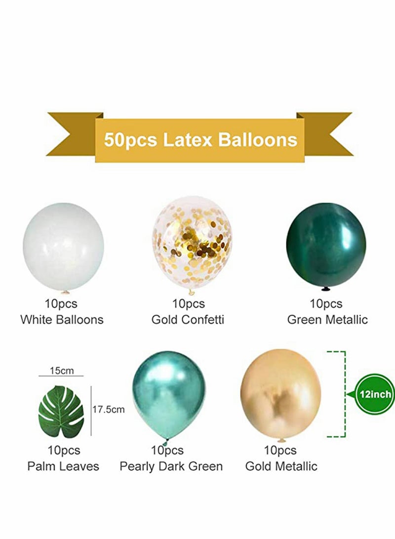 KASTWAVE Balloons Jungle Theme Party Supplies, 50 12 Inches Green White Gold Latex with 10pcs Palm Leaves for Tropical, Birthday Decorations - Image 3