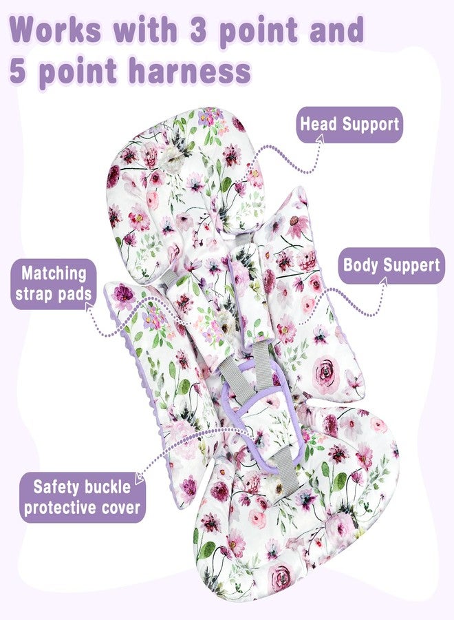 GFU 3-in-1 Infant Car Seat Insert, Soft Head and Body Support,Ultra & Strap Covers Set, Reversible Newborn Car Seat Cushion Pad for Baby Boy & Girl fits Stroller, Swing, Bouncer (Purple Flowers) - Image 3