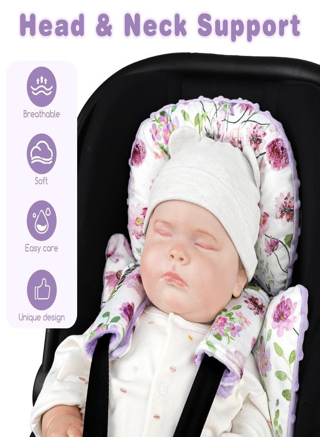 GFU 3-in-1 Infant Car Seat Insert, Soft Head and Body Support,Ultra & Strap Covers Set, Reversible Newborn Car Seat Cushion Pad for Baby Boy & Girl fits Stroller, Swing, Bouncer (Purple Flowers) - Image 2