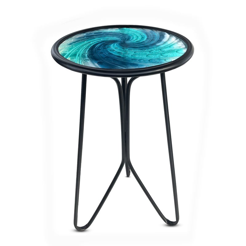 LIFFY Patio Side Table, Small Round End Table, Metal Side Table Outdoor, Small Porch Table for Indoor Balcony Furniture Decor (Blue Glass 12inch) - Image 1