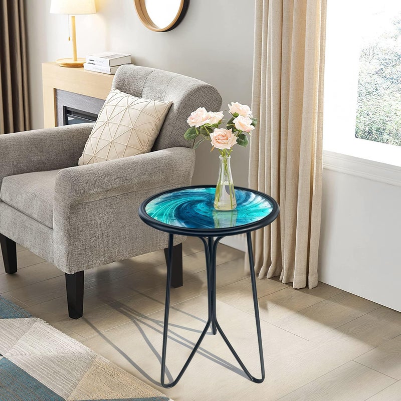 LIFFY Patio Side Table, Small Round End Table, Metal Side Table Outdoor, Small Porch Table for Indoor Balcony Furniture Decor (Blue Glass 12inch) - Image 4