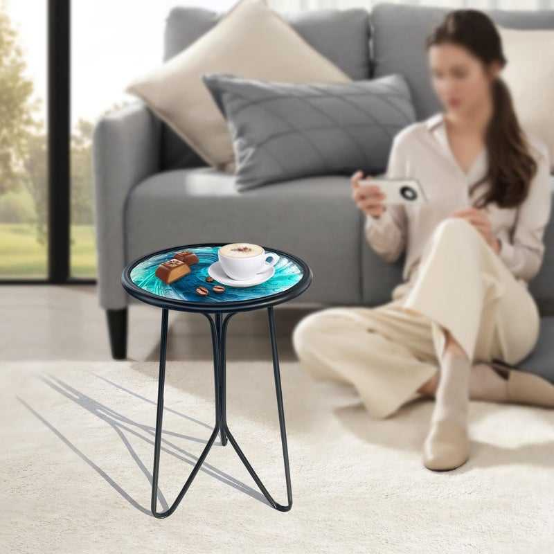 LIFFY Patio Side Table, Small Round End Table, Metal Side Table Outdoor, Small Porch Table for Indoor Balcony Furniture Decor (Blue Glass 12inch) - Image 3
