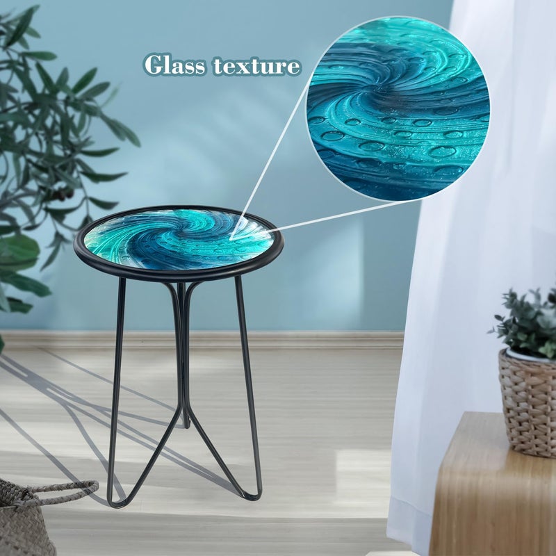 LIFFY Patio Side Table, Small Round End Table, Metal Side Table Outdoor, Small Porch Table for Indoor Balcony Furniture Decor (Blue Glass 12inch) - Image 2