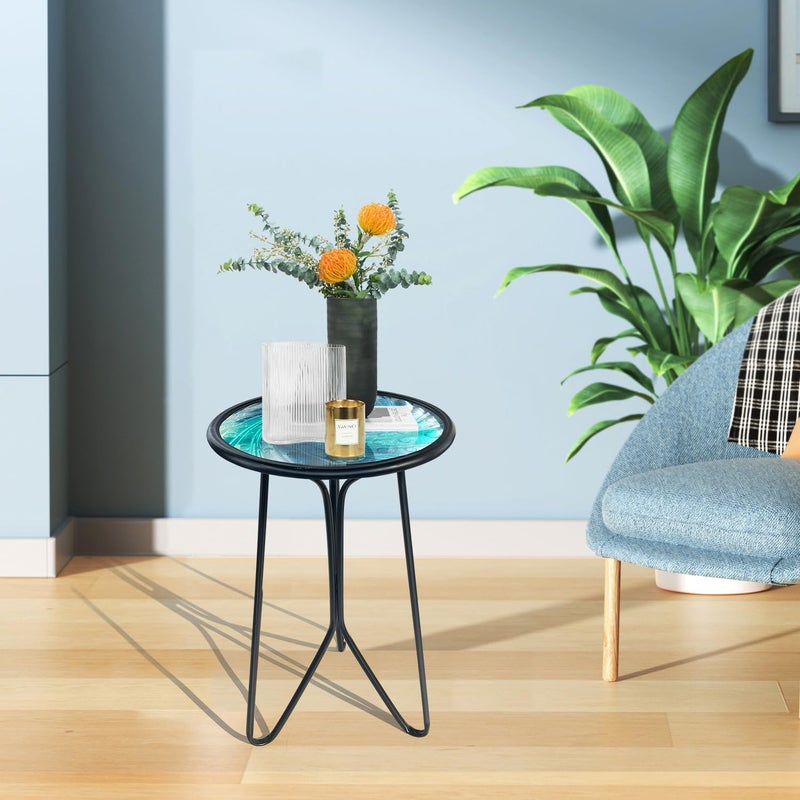 LIFFY Patio Side Table, Small Round End Table, Metal Side Table Outdoor, Small Porch Table for Indoor Balcony Furniture Decor (Blue Glass 12inch) - Image 5