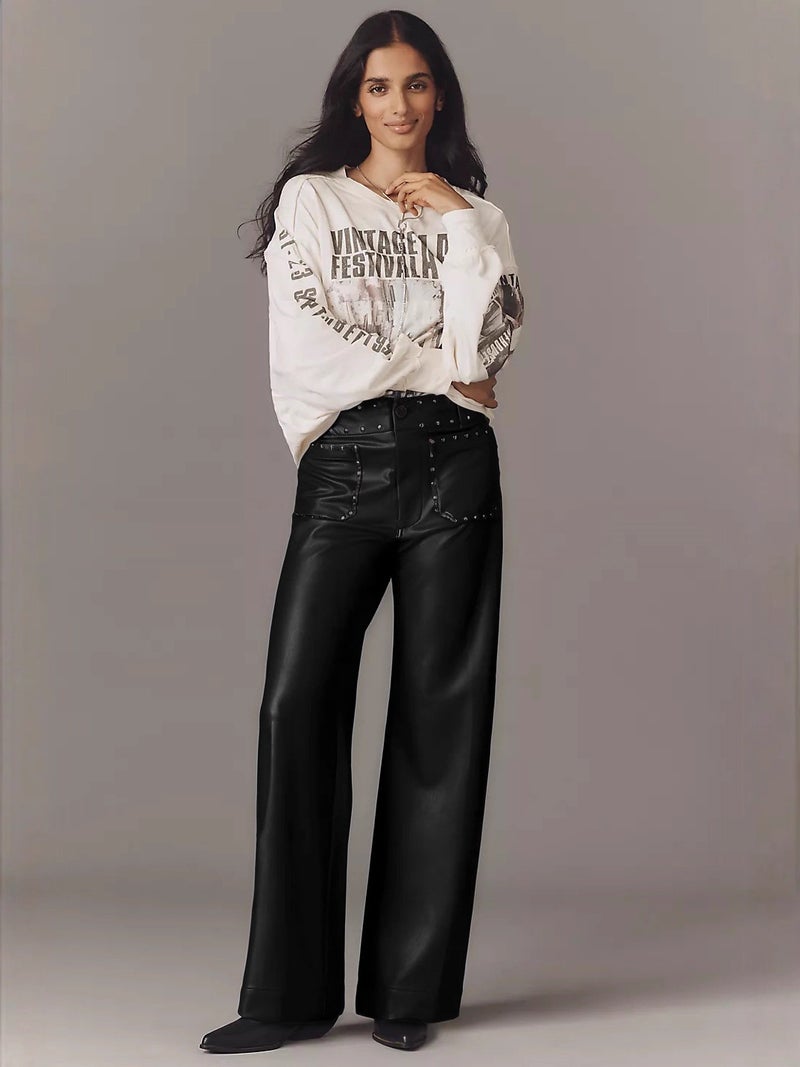 Women's Genuine Sheepskin Wide Leg Leather Pants High Waist Slim Fit Casual Trousers - Image 5