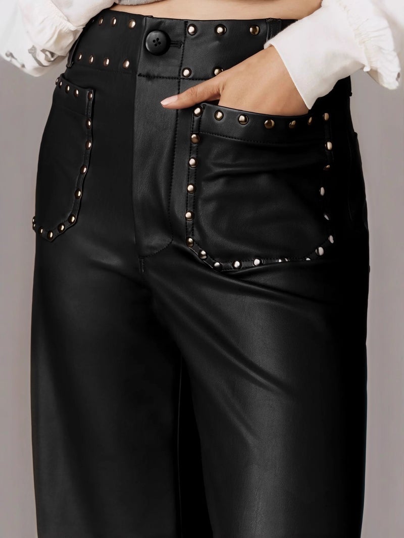 Women's Genuine Sheepskin Wide Leg Leather Pants High Waist Slim Fit Casual Trousers - Image 4