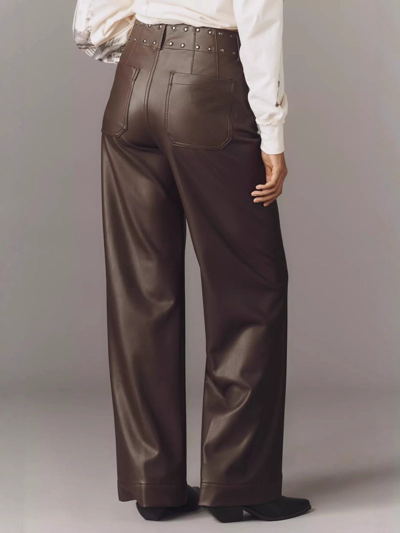 Women's Genuine Sheepskin Wide Leg Leather Pants High Waist Slim Fit Casual Trousers - Image 3