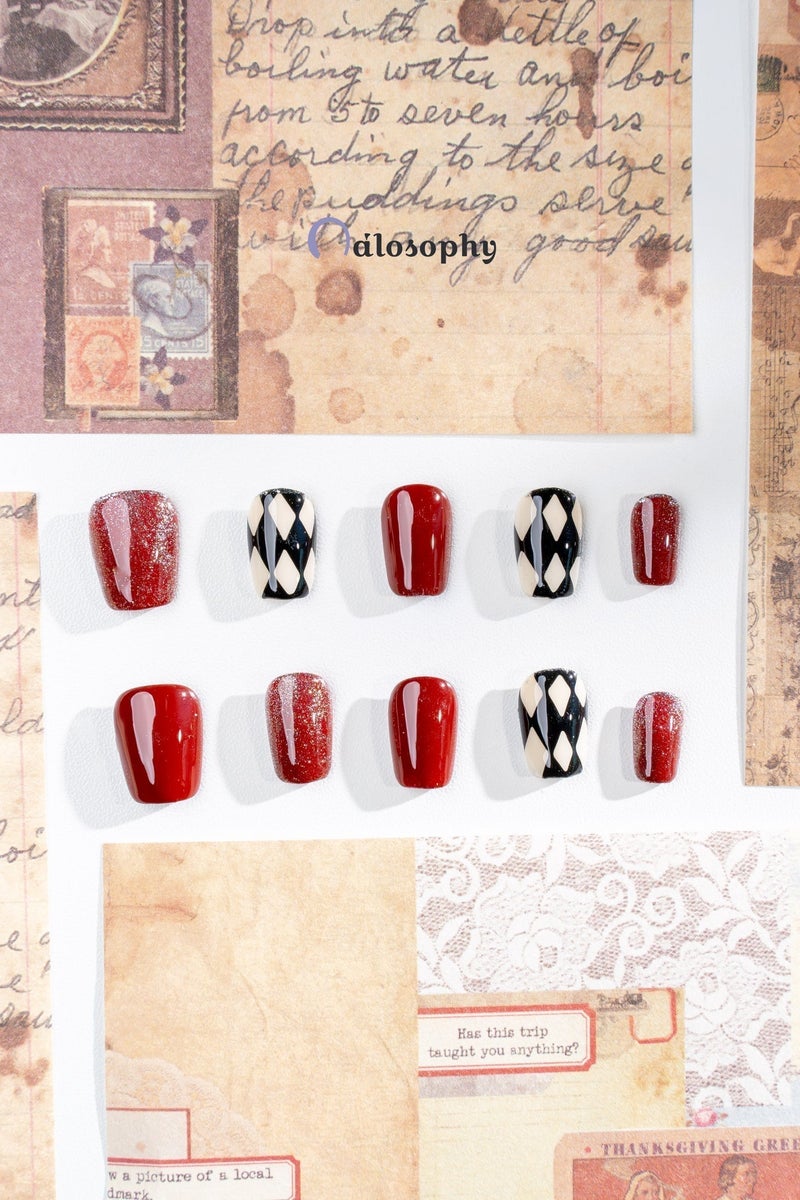 Nailosophy 10 Pcs Handmade Gel Press On Nails Short Square Red Black White Diamond Pattern Glitter Reusable False Nails Nail Kit for Women Party Wedding Eid Special Occasions - Image 5