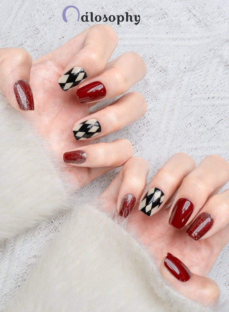 Nailosophy 10 Pcs Handmade Gel Press On Nails Short Square Red Black White Diamond Pattern Glitter Reusable False Nails Nail Kit for Women Party Wedding Eid Special Occasions - Image 4