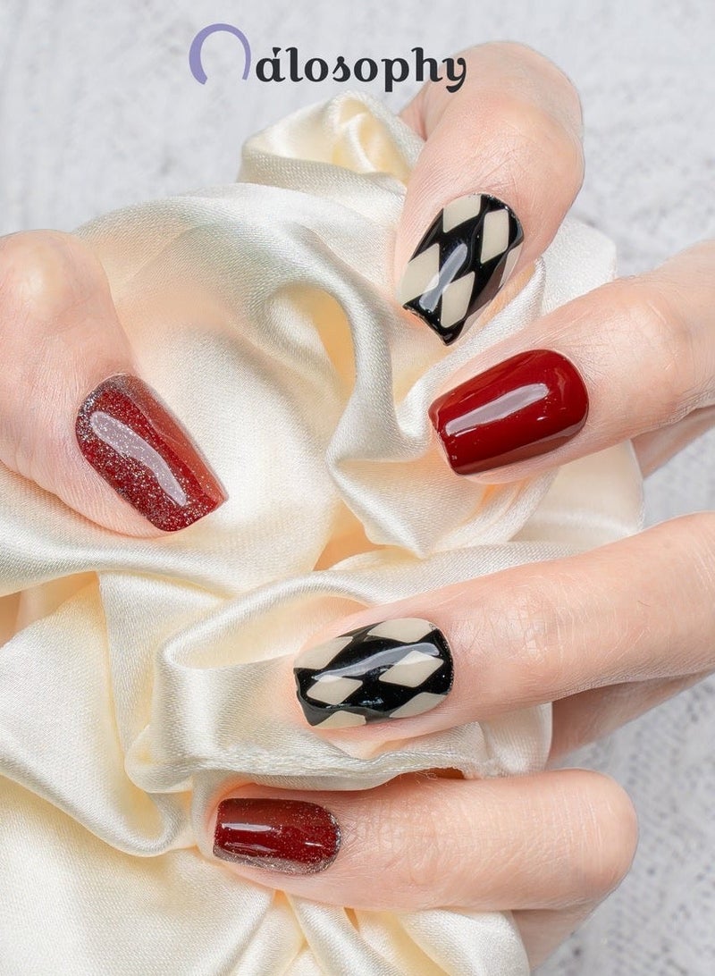Nailosophy 10 Pcs Handmade Gel Press On Nails Short Square Red Black White Diamond Pattern Glitter Reusable False Nails Nail Kit for Women Party Wedding Eid Special Occasions - Image 1