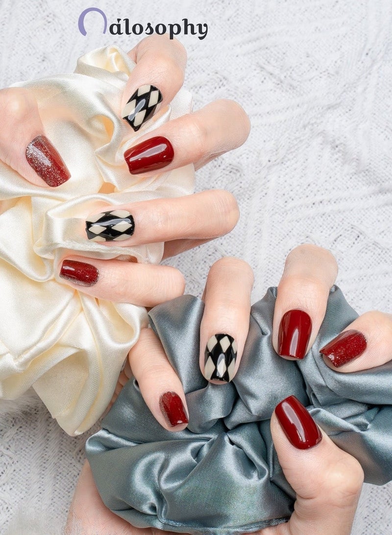 Nailosophy 10 Pcs Handmade Gel Press On Nails Short Square Red Black White Diamond Pattern Glitter Reusable False Nails Nail Kit for Women Party Wedding Eid Special Occasions - Image 2