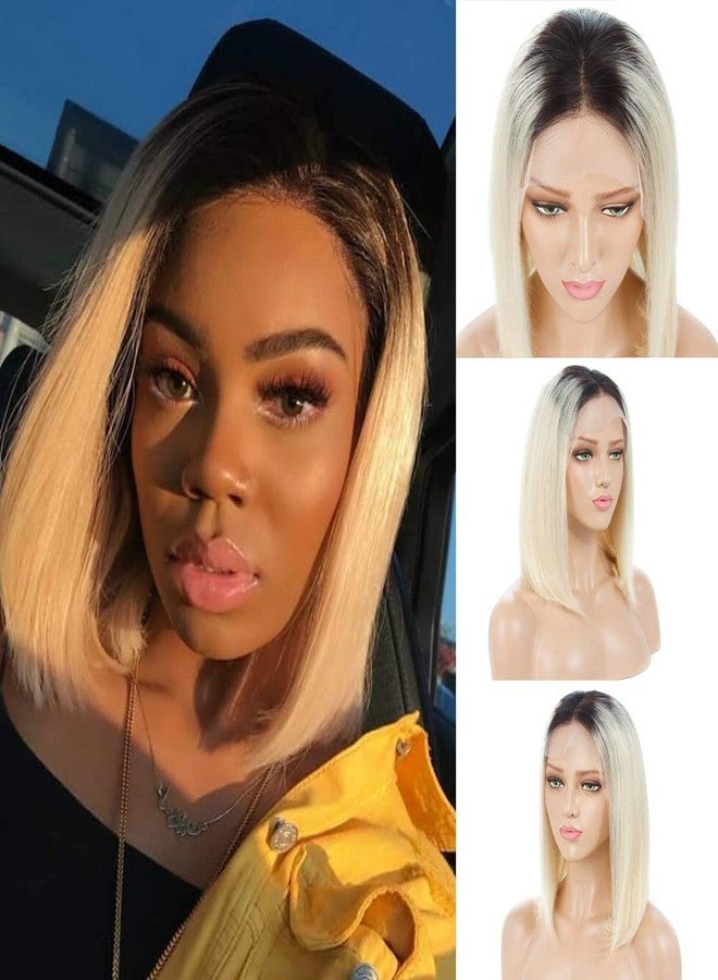 Choshim Hair Ombre 613 Color Shoulder Length Bob Front Lace Wig Remy Virgin Human Hair Two Tone Dark Roots 1B 613 Glueless Bob Cut Wig with Baby Hair 150% Density 8 Inches - Image 1