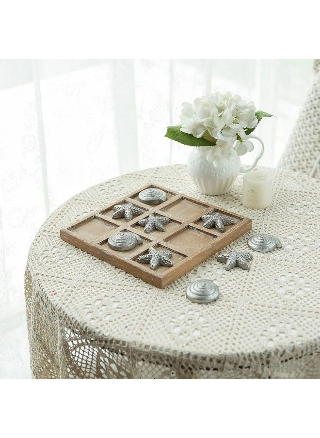NIKKY HOME Wood Board Travel Game Beach Tic Tac Toe For Fun, Coastal Beach House Coffee Table Decor 8.93 X 8.93 X 1.26 Inches Silver  - Image 3