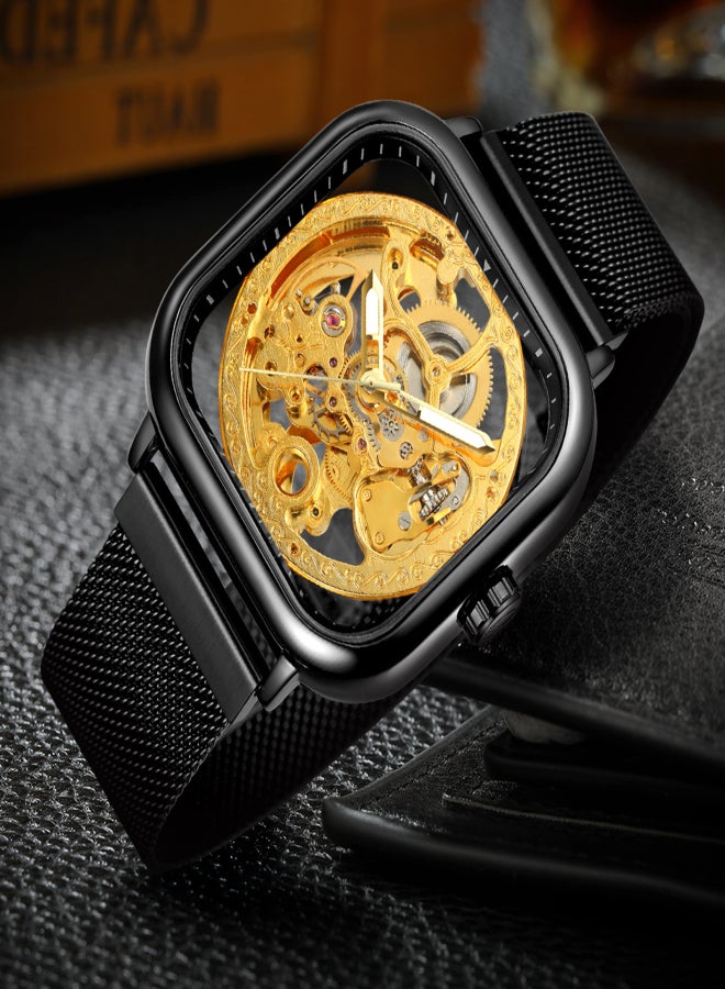 فورسينينج ساعة يد رجالية مربعة الشكل، ميكانيكية، مصنوعة من الفولاذ المقاوم للصدأ، هيكلية، مقاومة للماء، ذاتية التعبئة، مينا مضيء - Image 4