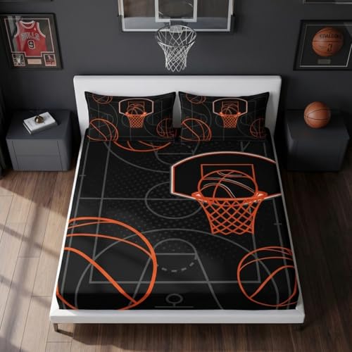 UEVBF Basketball Court Print Twin Fitted Sheets Set for BoysBall Sports Games Bedding Set for Teens Kids Bedroom DecorOrange Basketball Fitted Sheets Twin Size1 Fitted Sheet2 Pillowcases - Image 1