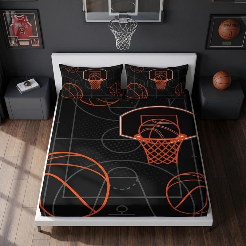 UEVBF Basketball Court Print Twin Fitted Sheets Set for BoysBall Sports Games Bedding Set for Teens Kids Bedroom DecorOrange Basketball Fitted Sheets Twin Size1 Fitted Sheet2 Pillowcases - Image 2