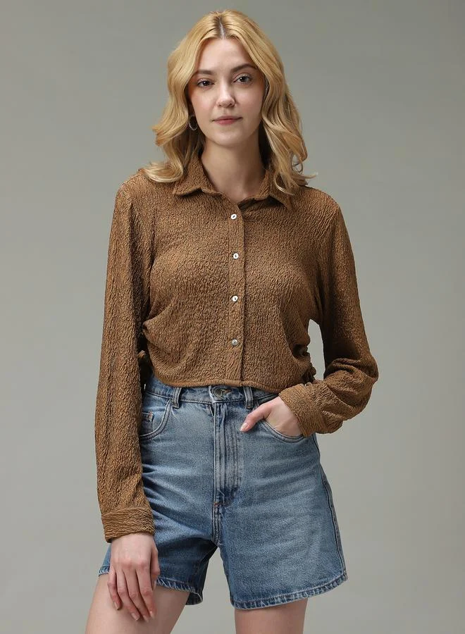 OUTZIDR Brown Textured Ruched Crop Shirt