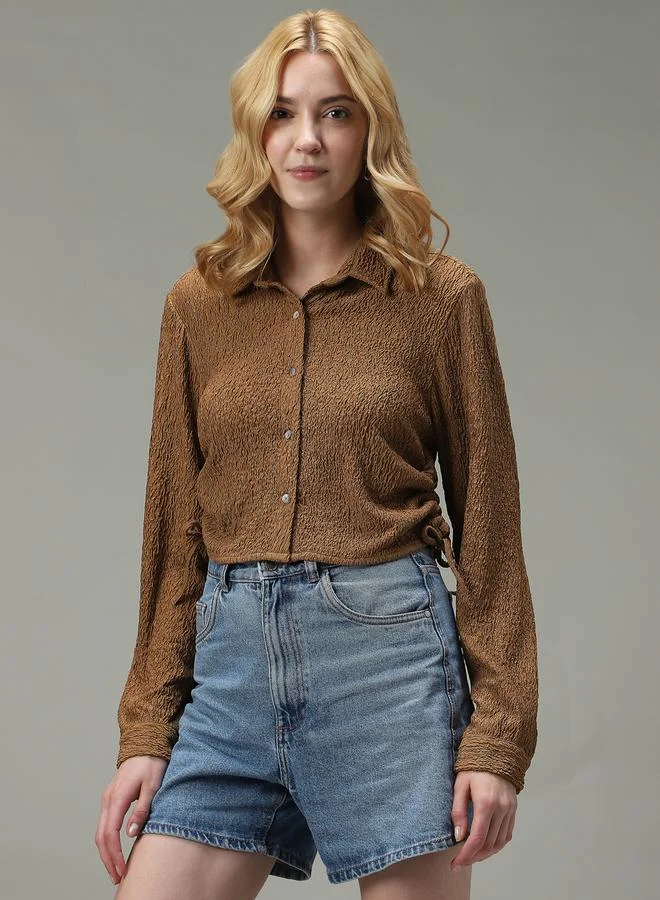 OUTZIDR Brown Textured Ruched Crop Shirt