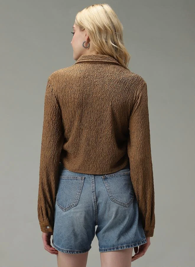 Outzidr  Brown Textured Ruched Crop Shirt for Women | Best Price UAE