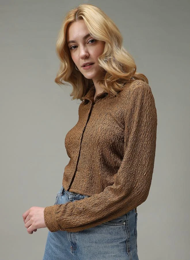 Outzidr  Brown Textured Ruched Crop Shirt for Women | Best Price UAE