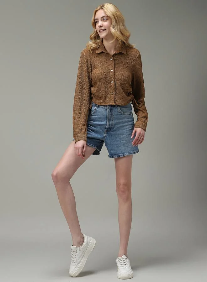 Outzidr  Brown Textured Ruched Crop Shirt for Women | Best Price UAE