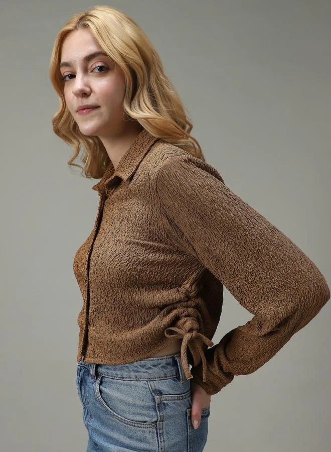 Outzidr  Brown Textured Ruched Crop Shirt for Women | Best Price UAE