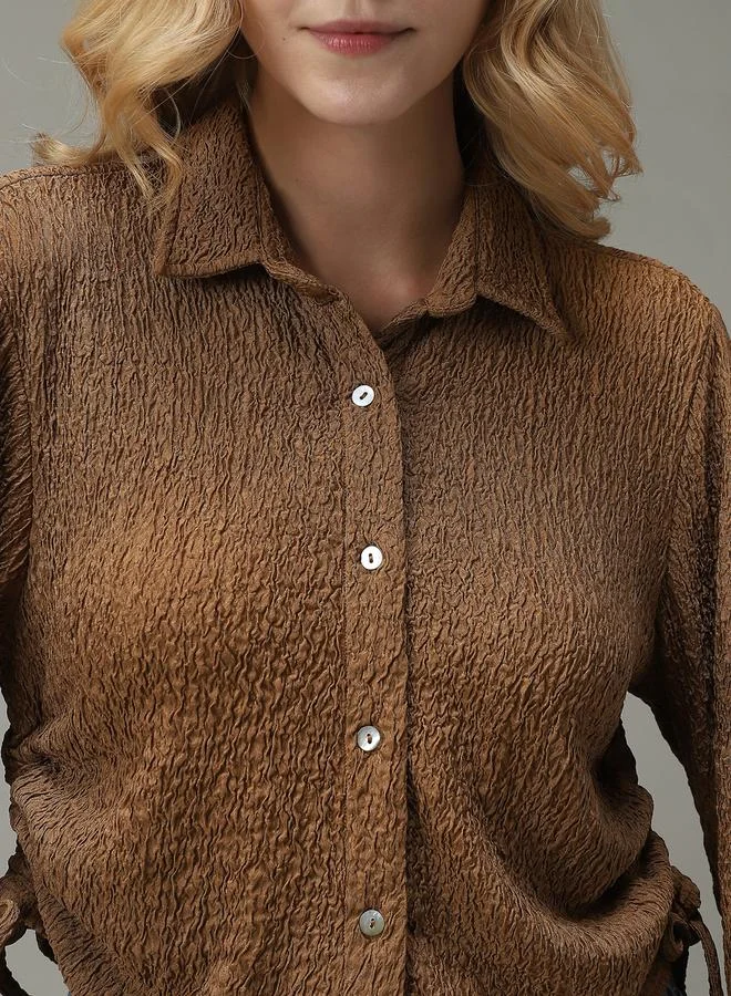Outzidr  Brown Textured Ruched Crop Shirt for Women | Best Price UAE