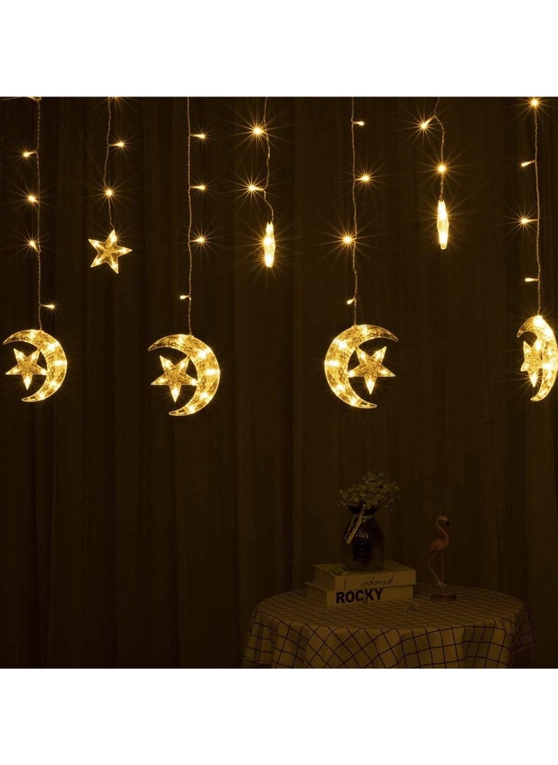 Jorunb - 9.8ft 138 Led Curtain String Light Star Moon Icicle Light with 8 Lighting Modes with Timer Remote USB Operated Dimmable Fairy String for Window Wall Home Decoration (Crescent) - Image 1
