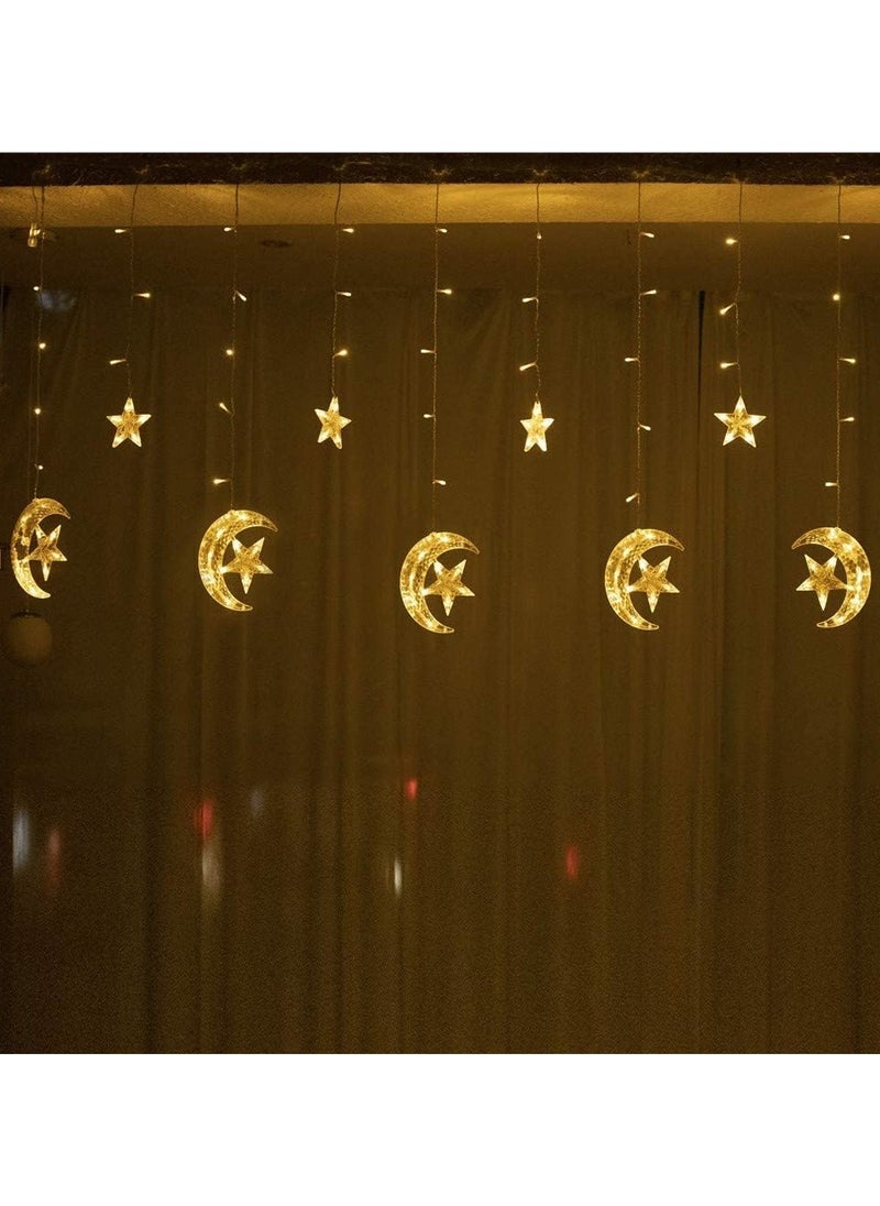 Jorunb - 9.8ft 138 Led Curtain String Light Star Moon Icicle Light with 8 Lighting Modes with Timer Remote USB Operated Dimmable Fairy String for Window Wall Home Decoration (Crescent) - Image 1