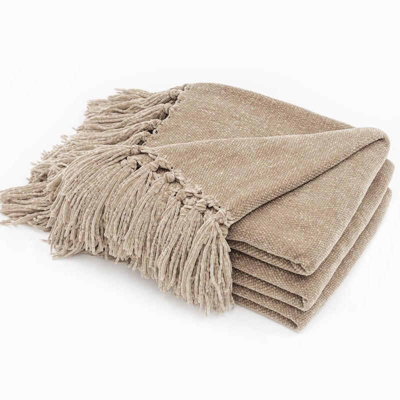 EVERGRACE Soft Chenille Throw Blanket for Couch  Cozy Plush Fuzzy Decorative Chenille Knit Throw Blanket with Tassels  Lightweight Blanket and Throws for Bed Sofa Gift Home Decor  Beige 60""x80"" - Image 1