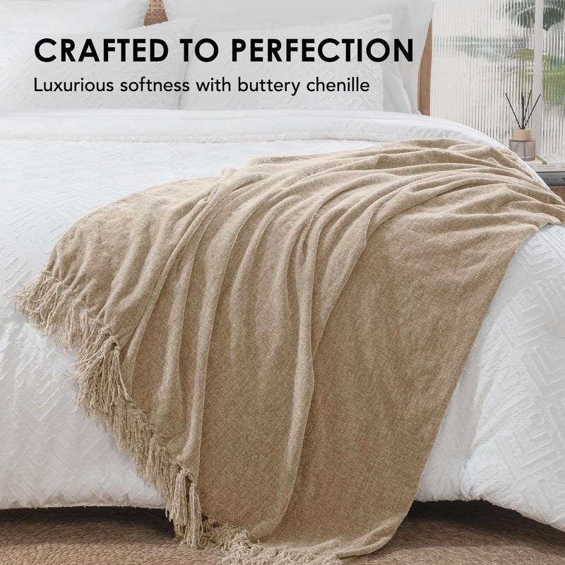 EVERGRACE Soft Chenille Throw Blanket for Couch  Cozy Plush Fuzzy Decorative Chenille Knit Throw Blanket with Tassels  Lightweight Blanket and Throws for Bed Sofa Gift Home Decor  Beige 60""x80"" - Image 4